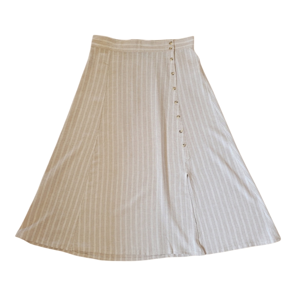 Linen Rayon CHARLIE B Beige Pinstripe A-Line Button-Front Skirt